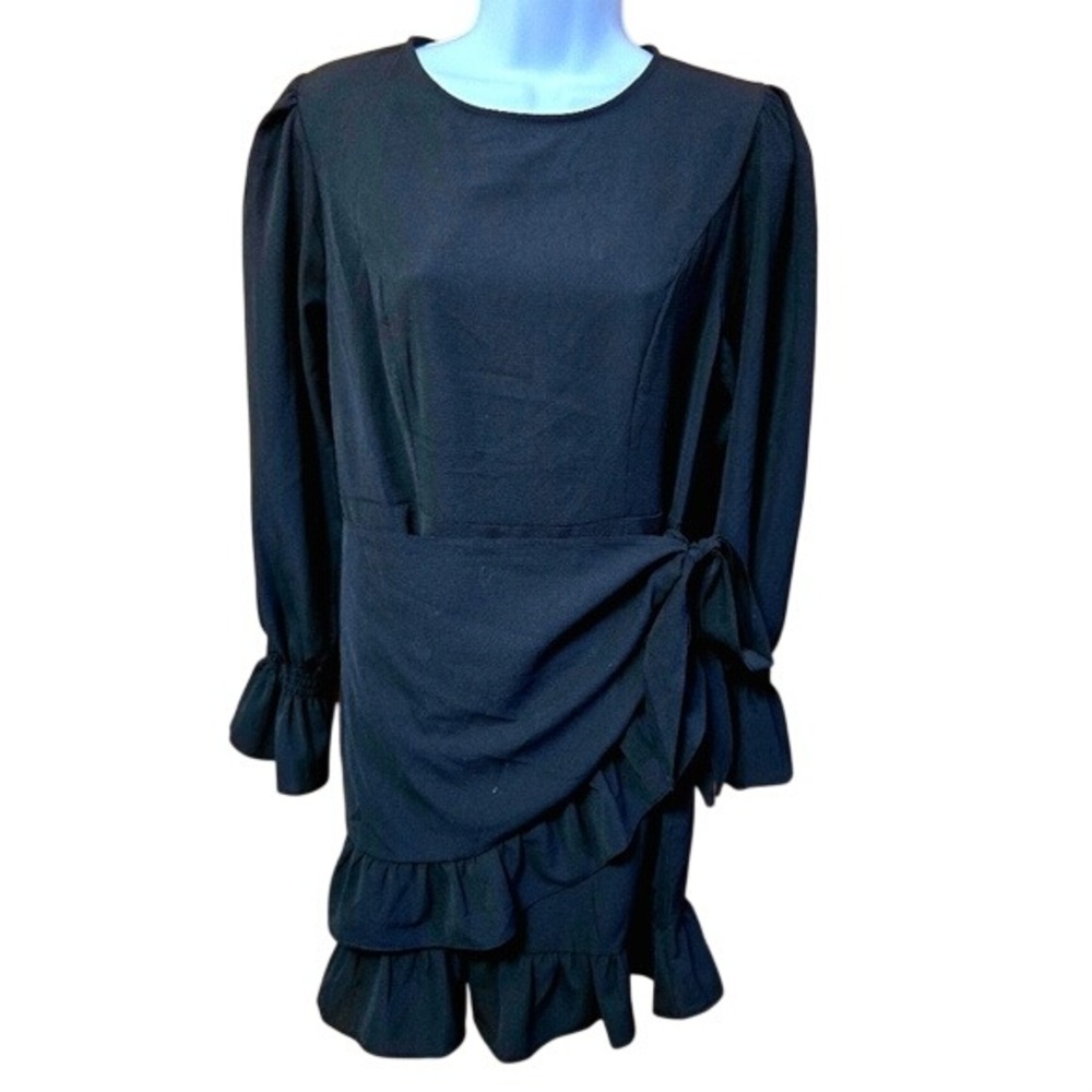 Black Long Sleeve Ruffle Wrap Mini Dress Smocked Cuff Size M
